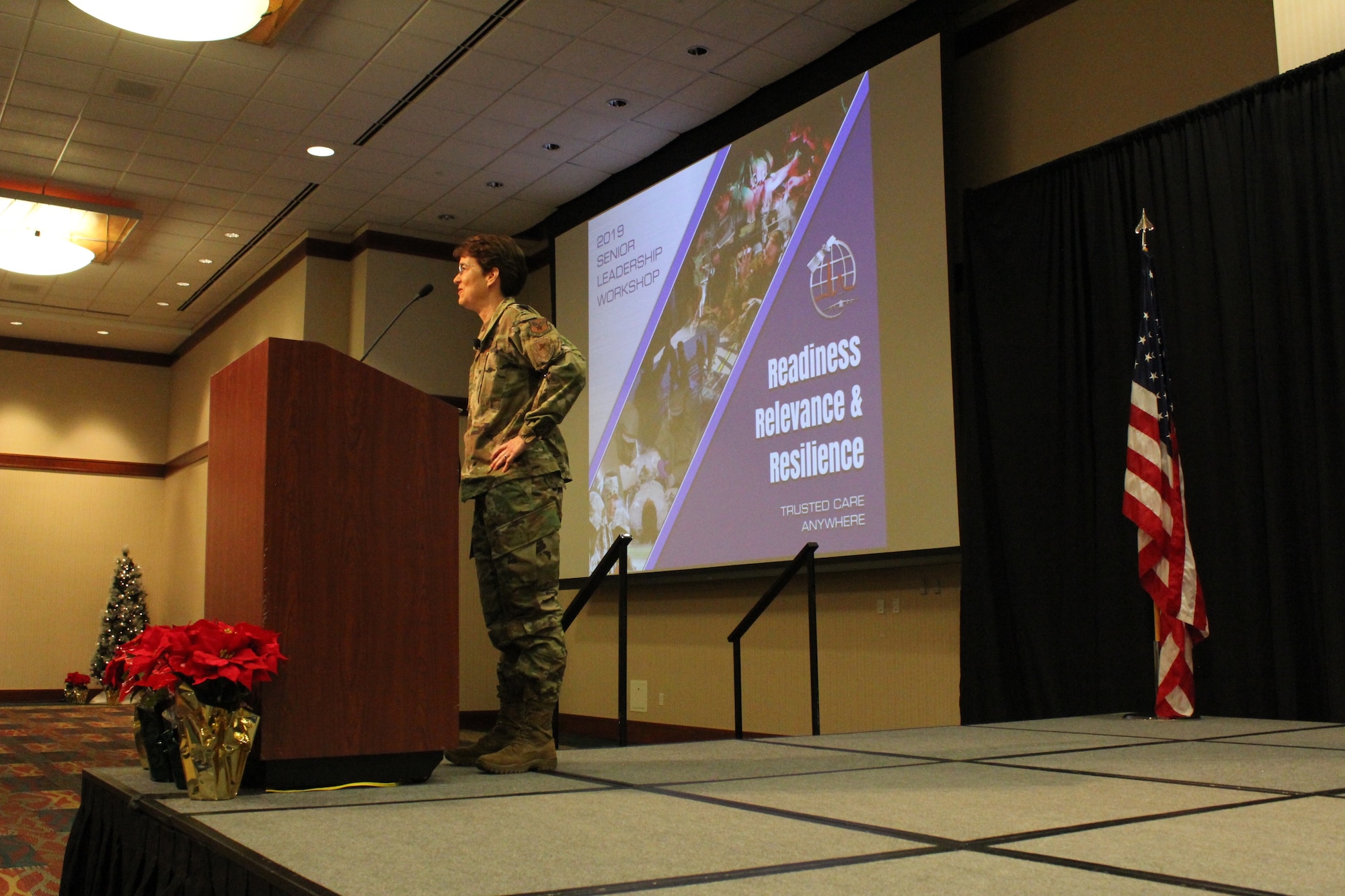U.S. Air Force Lt. Gen. Jacqueline Van Ovost, Director of Staff, Headquarters Air Force, spoke to leaders at the Air Force Medical Service 2019 Senior Leadership Workshop in Leesburg, Virginia, Dec. 3, 2019. Van Ovost expressed appreciation for medics and acknowledged the importance they have in generating combat power. (U.S. Air Force photo by Josh Mahler)