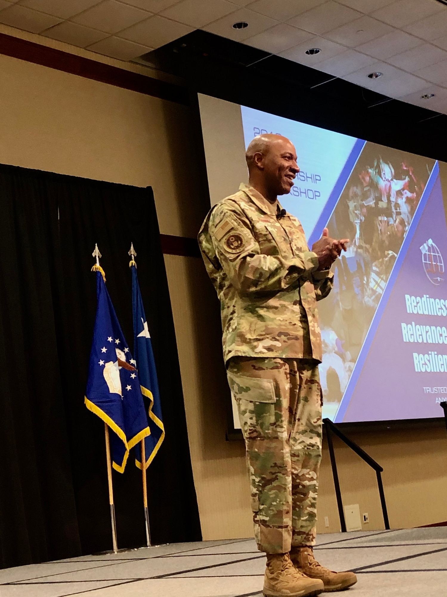 Chief Master Sergeant of the Air Force Kaleth O. Wright welcomed senior leaders at the Air Force Medical Service 2019 Senior Leadership Workshop in Leesburg, Virginia, Dec. 3, 2019. Wright touched on the role leadership plays in reducing suicide rates, Airmen fitness, and changes to policies. (U.S. Air Force photo by Karina Luis)