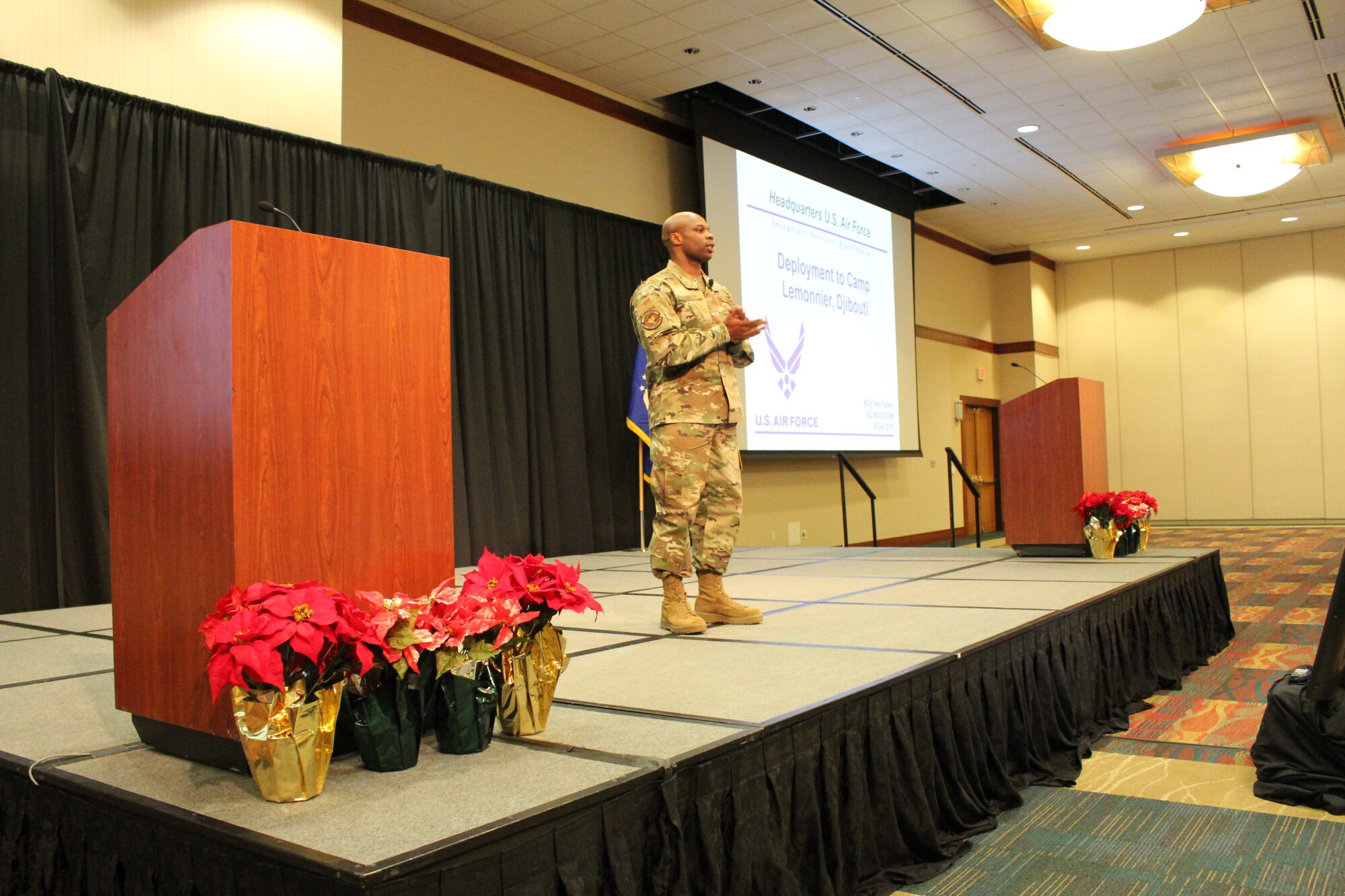 U.S. Air Force Master Sgt. Wes Parker, a logistician with the 633rd Medical Group, Joint Base Langley-Eustis, Virginia, speaks at the at the Air Force Medical Service 2019 Senior Leadership Workshop in Leesburg, Virginia, Dec. 5, 2019. Parker discussed his recent deployment to Djibouti and the role of logistics in supporting medics in a deployed setting. (U.S. Air Force photo by Josh Mahler)