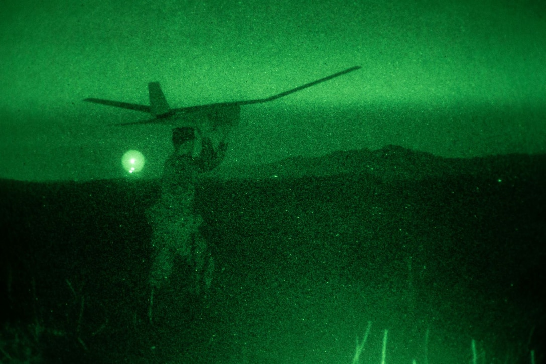 U.S. Marine Cpl. Michael Misbach, an intelligence specialist with 2nd Battalion, 5th Marine Regiment, 1st Marine Division, launches an RQ-20 Puma unmanned aircraft system during Operation Buck Rogers on Marine Corps Base Camp Pendleton, California, Dec. 3, 2019. Operation Buck Rogers is used to count the mule deer population on Camp Pendleton and the use of Pumas is a cheaper and more effective alternative to complete the task. The survey of Camp Pendleton’s deer population is done once a year. Misbach is a native of East Haven, Connecticut. (U.S. Marine Corps photo by Lance Cpl. Alison Dostie)