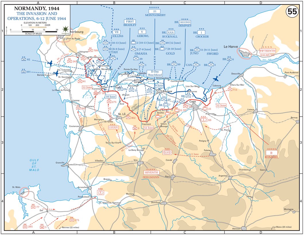 Following three Allied airborne divisional drops, five U.S., British, and Canadian divisions assaulted the Normandy beaches (Courtesy West Point Department of History)