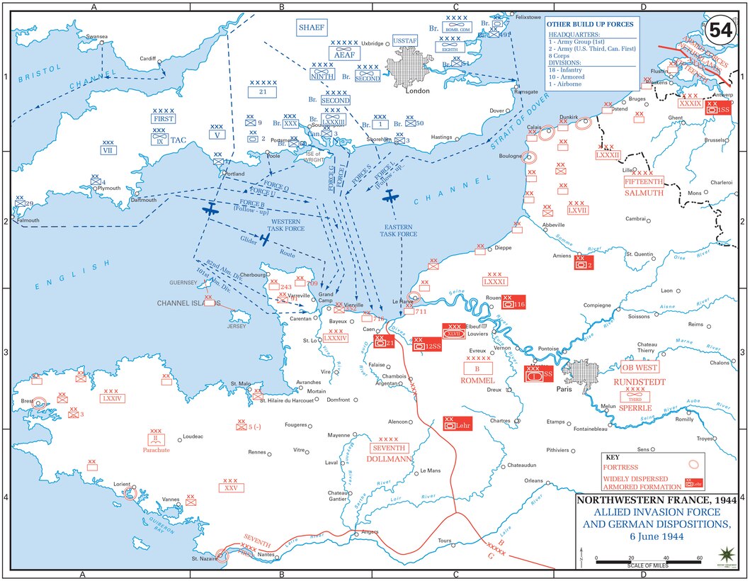 While fixing German attention on Dover, England, Allied forces consolidated and sailed toward Normandy. Hours earlier, paratroopers and glider forces took off to seize key objectives on the Orne River and Cotentin Peninsula (Courtesy West Point Department of History)