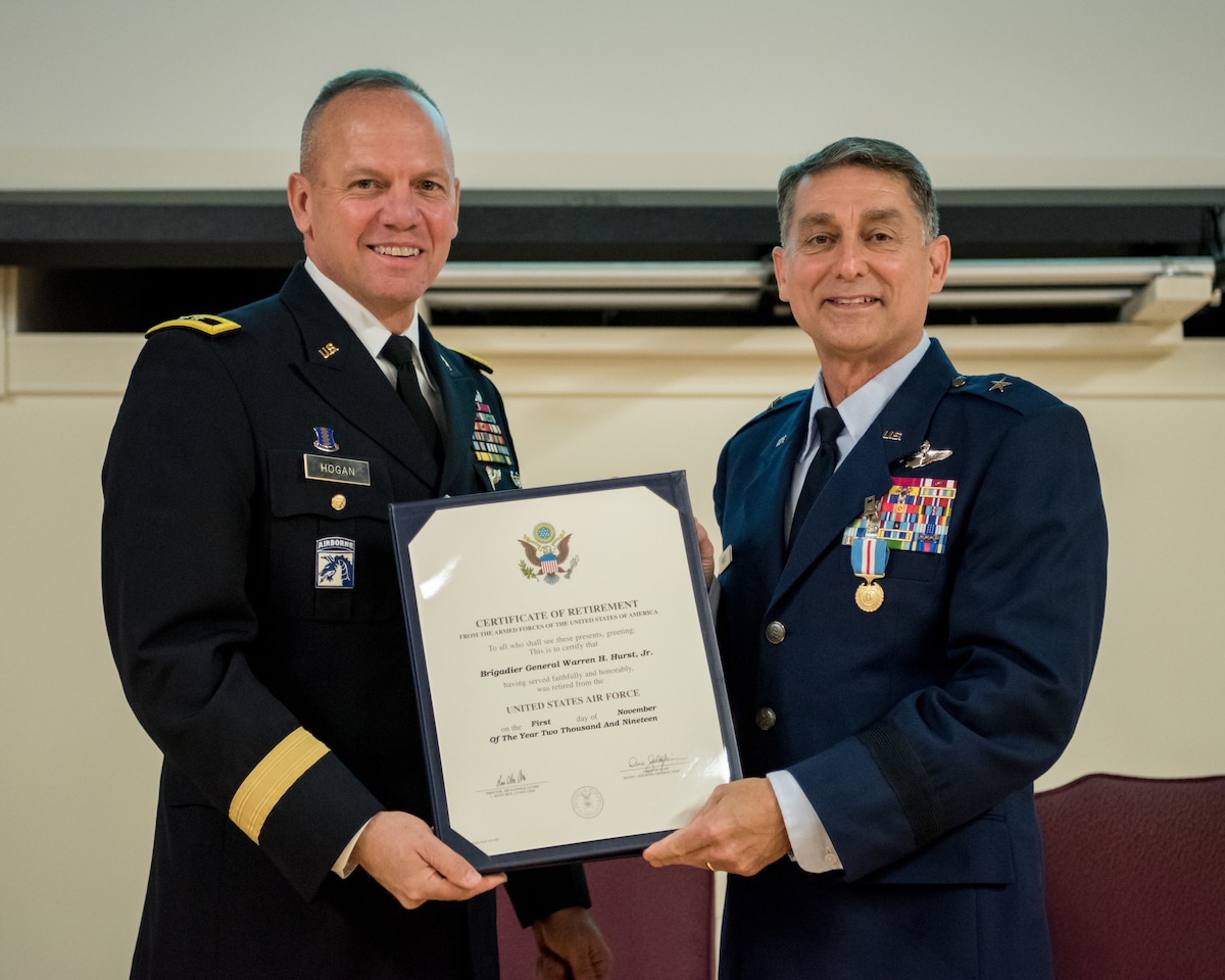 Brig. Gen. Warren Hurst (right), Kentucky’s outgoing assistant adjutant general for Air, receives his certificate of retirement from Army Maj. Gen. Stephen Hogan, Kentucky’s adjutant general, during Hurst’s retirement ceremony at the Kentucky Air National Guard Base in Louisville, Ky., Nov. 16, 2019. Hurst is retiring after more than 34 years of service to the active-duty Air Force and Kentucky Air National Guard. (U.S. Air National Guard photo by Staff Sgt. Joshua Horton)