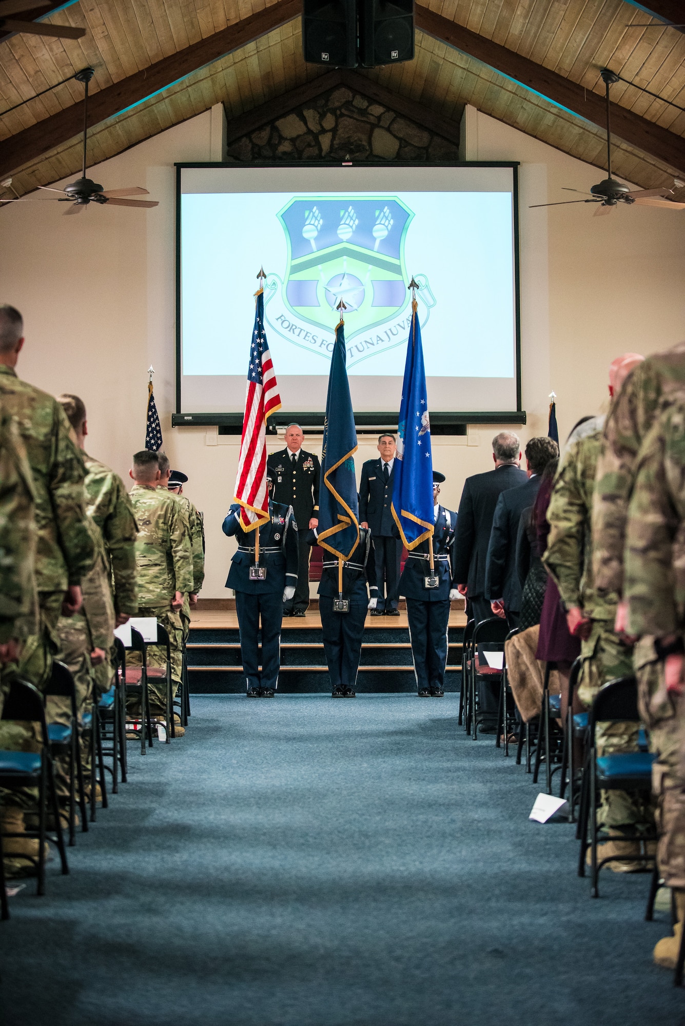 The 123rd Airlift Wing Honor Guard presents the colors at the Kentucky Air National Guard Base on Louisville, Ky., Nov. 16, 2019, during a retirement ceremony for Brig. Gen. Warren Hurst. Hurst most recently served as assistant adjutant general for Air in the Kentucky National Guard. (U.S. Air National Guard photo by Lt. Col. Dale Greer)