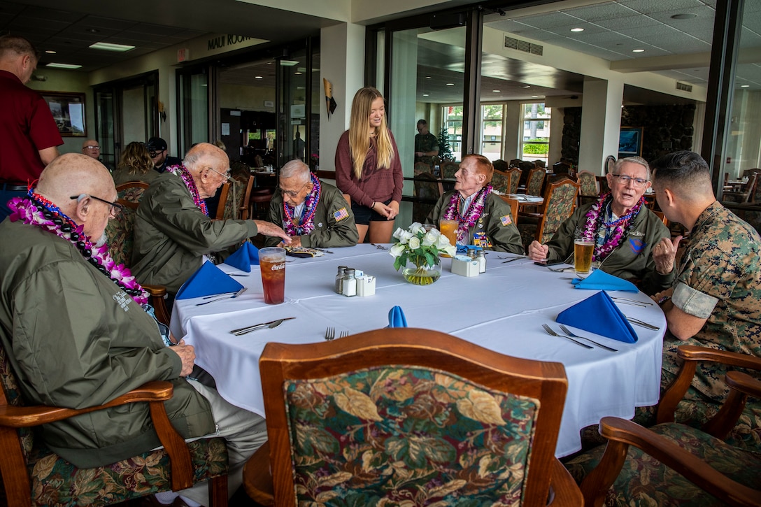 U.S. Navy World War II veterans attend lunch at The Officer's Club during their visit, Marine Corps Base Hawaii, Dec. 5, 2019. The Best Defense Foundation returned 6 WWII Pearl Harbor and Naval Air Station Kaneohe Bay survivors to Hawaii for the 78th Commemoration of Pearl Harbor and Naval Air Station Kaneohe Bay which is now MCBH. The heroes returned were Jack Holder US NAVY - Naval Air Station, Kaneohe Bay; Tom Foreman US Navy - USS Cushing; Ira Schab US Navy - USS Dobbin; Stuart Hedley US Navy - USS West Virginia; Donald Long US Navy - Naval Air Station, Kaneohe Bay; and Chuck Kohler US Navy - USS Hornet.