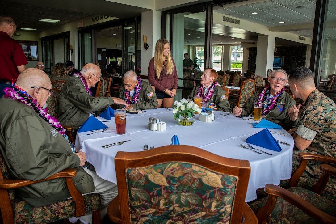 U.S. Navy World War II veterans attend lunch at The Officer's Club during their visit, Marine Corps Base Hawaii, Dec. 5, 2019. The Best Defense Foundation returned 6 WWII Pearl Harbor and Naval Air Station Kaneohe Bay survivors to Hawaii for the 78th Commemoration of Pearl Harbor and Naval Air Station Kaneohe Bay which is now MCBH. The heroes returned were Jack Holder US NAVY - Naval Air Station, Kaneohe Bay; Tom Foreman US Navy - USS Cushing; Ira Schab US Navy - USS Dobbin; Stuart Hedley US Navy - USS West Virginia; Donald Long US Navy - Naval Air Station, Kaneohe Bay; and Chuck Kohler US Navy - USS Hornet.