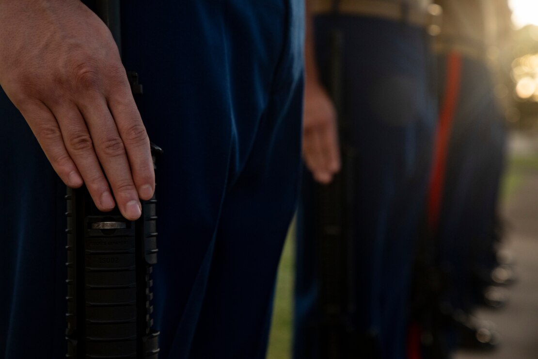 U.S. Marines with the rifle detail for the annual Klipper Ceremony stand at attention, Marine Corps Base Hawaii, Dec. 7, 2019. The Klipper Memorial was dedicated in 1981 to honor the 17 U.S. Navy Sailors and two civilian contractors who died during the attack on Naval Air Station Kaneohe Bay on Dec. 7, 1941.