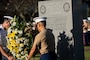 U.S. Marine Corps Col. Raul Lianez, commanding officer, Marine Corps Base Hawaii, places a wreath at the Klipper Memorial with CDR Steve Niemann, officer in charge, Naval Support Detachment, during the Klipper Ceremony, Marine Corps Base Hawaii, Dec. 7, 2019. The Klipper Memorial was dedicated in 1981 to honor the 17 U.S. Navy Sailors and two civilian contractors who died during the attack on Naval Air Station Kaneohe Bay on Dec. 7, 1941.