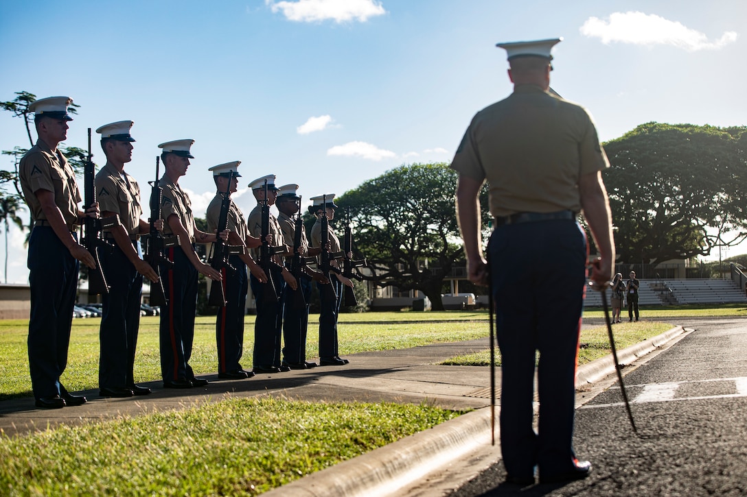 U.S. Marines with the rifle detail for the annual Klipper Ceremony perform a rifle salute, Marine Corps Base Hawaii, Dec. 7, 2019. The Klipper Memorial was dedicated in 1981 to honor the 17 U.S. Navy Sailors and two civilian contractors who died during the attack on Naval Air Station Kaneohe Bay on Dec. 7, 1941.
