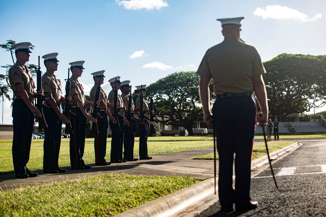 U.S. Marines with the rifle detail for the annual Klipper Ceremony perform a rifle salute, Marine Corps Base Hawaii, Dec. 7, 2019. The Klipper Memorial was dedicated in 1981 to honor the 17 U.S. Navy Sailors and two civilian contractors who died during the attack on Naval Air Station Kaneohe Bay on Dec. 7, 1941.
