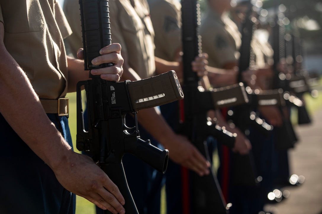 U.S. Marines with the rifle detail for the annual Klipper Ceremony perform a rifle salute, Marine Corps Base Hawaii, Dec. 7, 2019. The Klipper Memorial was dedicated in 1981 to honor the 17 U.S. Navy Sailors and two civilian contractors who died during the attack on Naval Air Station Kaneohe Bay on Dec. 7, 1941.
