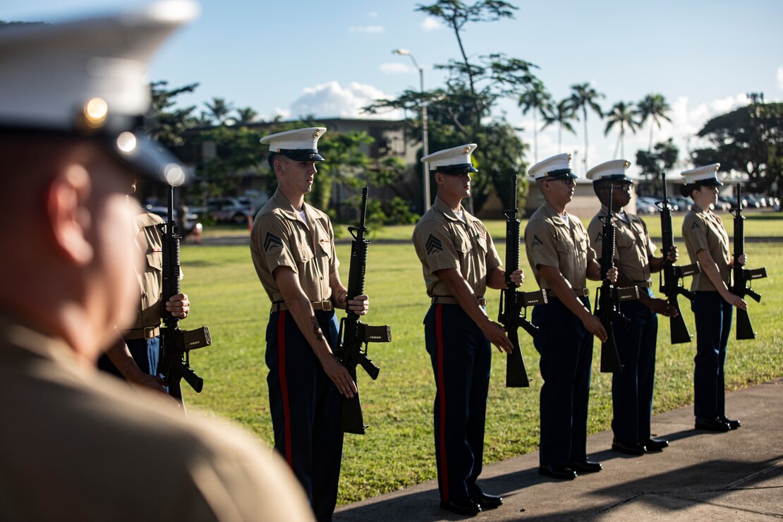 U.S. Marines with the rifle detail for the annual Klipper Ceremony perform a rifle salute, Marine Corps Base Hawaii, Dec. 7, 2019. The Klipper Memorial was dedicated in 1981 to honor the 17 U.S. Navy Sailors and two civilian contractors who died during the attack on Naval Air Station Kaneohe Bay on Dec. 7, 1941.