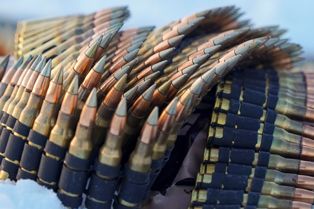 Ammunition lays coiled on the ground.