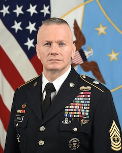 U.S. Army Command Sgt. Maj. John Wayne Troxell, senior enlisted advisor to the chairman of the Joint Chiefs of Staff, poses for his official portrait with the new SEAC rank insignia in the Army portrait studio at the Pentagon in Arlington, Va., Dec. 9, 2019.