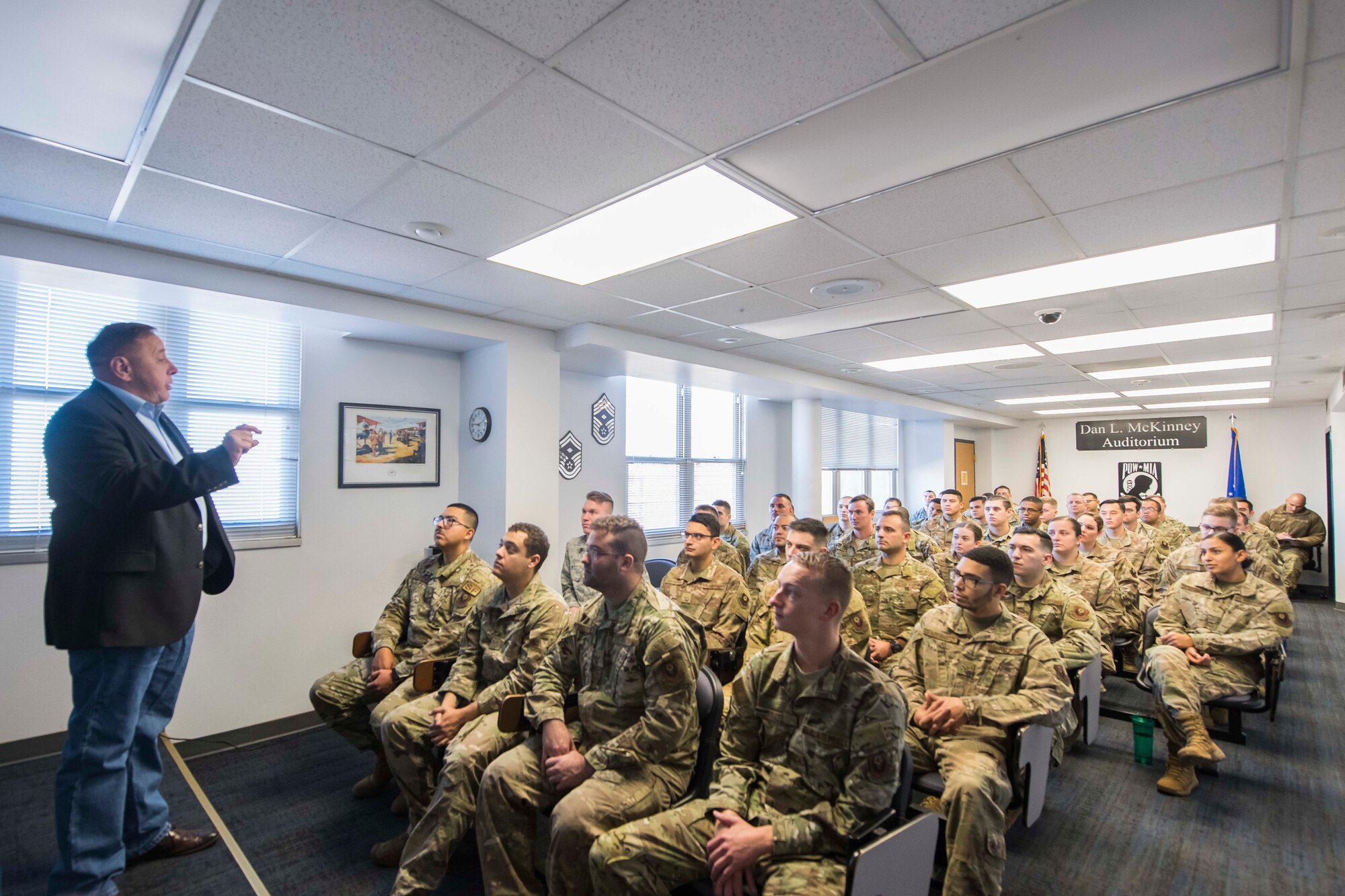 Retired Chief Master Sgt. of the Air Force Jim Finch speaks with class 20-A of the Airman Leadership School at Cannon Air Force Base, N.M., Dec. 5, 2019. The 12th and 13th Chief Master Sgts. of the Air Force visited Cannon to share their stories with Air Commandos.  (U.S. Air Force photo Senior Airman Vernon R. Walter)