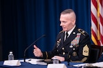 Army Command Sgt. Maj. John Wayne Troxell, Senior Enlisted Advisor to the chairman of the Joint Chiefs of Staff, speaks as he prepares to depart the position during a press briefing in the Pentagon Press Briefing Room, Washington, D.C., Dec. 9, 2019. Troxell conduct a Change of Responsibility and hand the duties off to Air Force Chief Master Sgt. Ramon “CZ” Colon-Lopez, incoming Senior Enlisted Advisor to the Chairman of the Joint Chiefs of Staff.