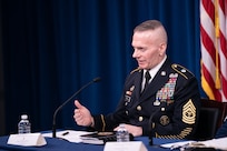 Army Command Sgt. Maj. John Wayne Troxell, Senior Enlisted Advisor to the chairman of the Joint Chiefs of Staff, speaks as he prepares to depart the position during a press briefing in the Pentagon Press Briefing Room, Washington, D.C., Dec. 9, 2019. Troxell conduct a Change of Responsibility and hand the duties off to Air Force Chief Master Sgt. Ramon “CZ” Colon-Lopez, incoming Senior Enlisted Advisor to the Chairman of the Joint Chiefs of Staff.