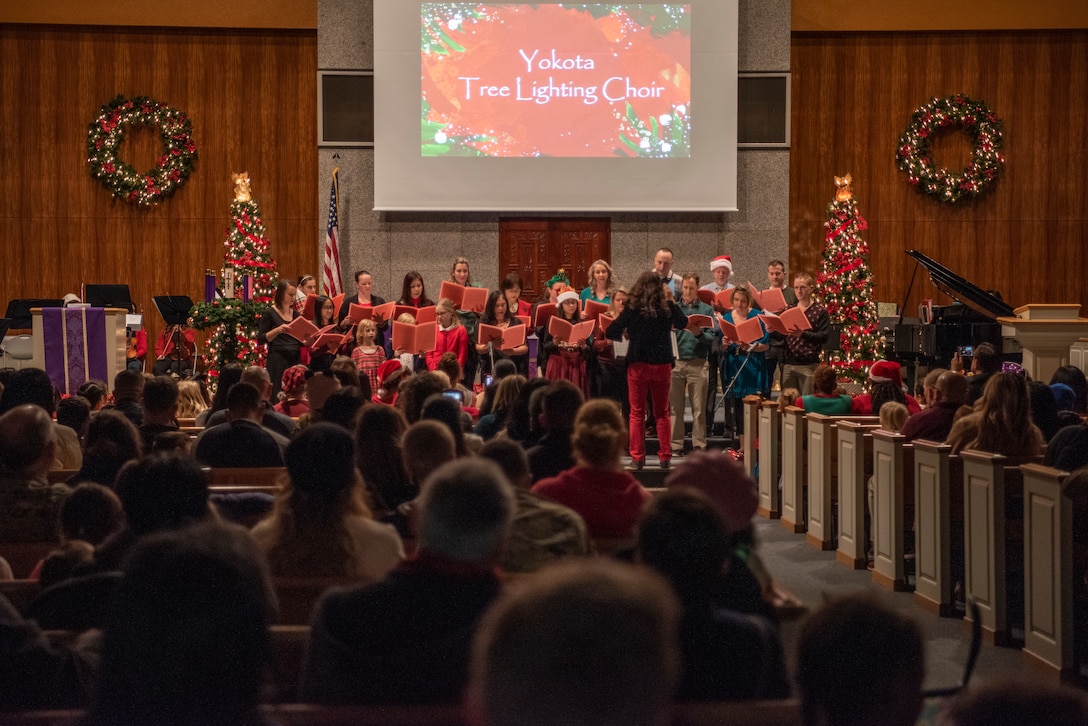 The Yokota Tree Lighting Choir performs holiday songs at the Friendship Chapel on Dec. 6, 2019, at Yokota Air Base, Japan