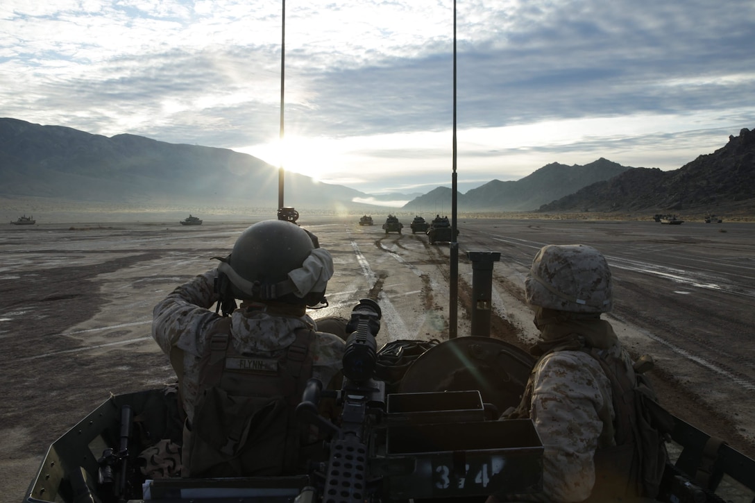 U.S. Marines assigned to Comanche Company, 3rd Light Armored Reconnaissance Battalion, 1st Marine Division, prepare and execute training during Steel Knight 20 at Marine Corps Air Ground Combat Center, Twentynine Palms, California on 2 Dec. 2019. SK20 is an annual training exercise executed by approximately 13,000 Marines and Sailors designed to improve and assess the 1st Marine Division’s ability to fight and win a complex, dispersed fight against a peer or near-peer threat.