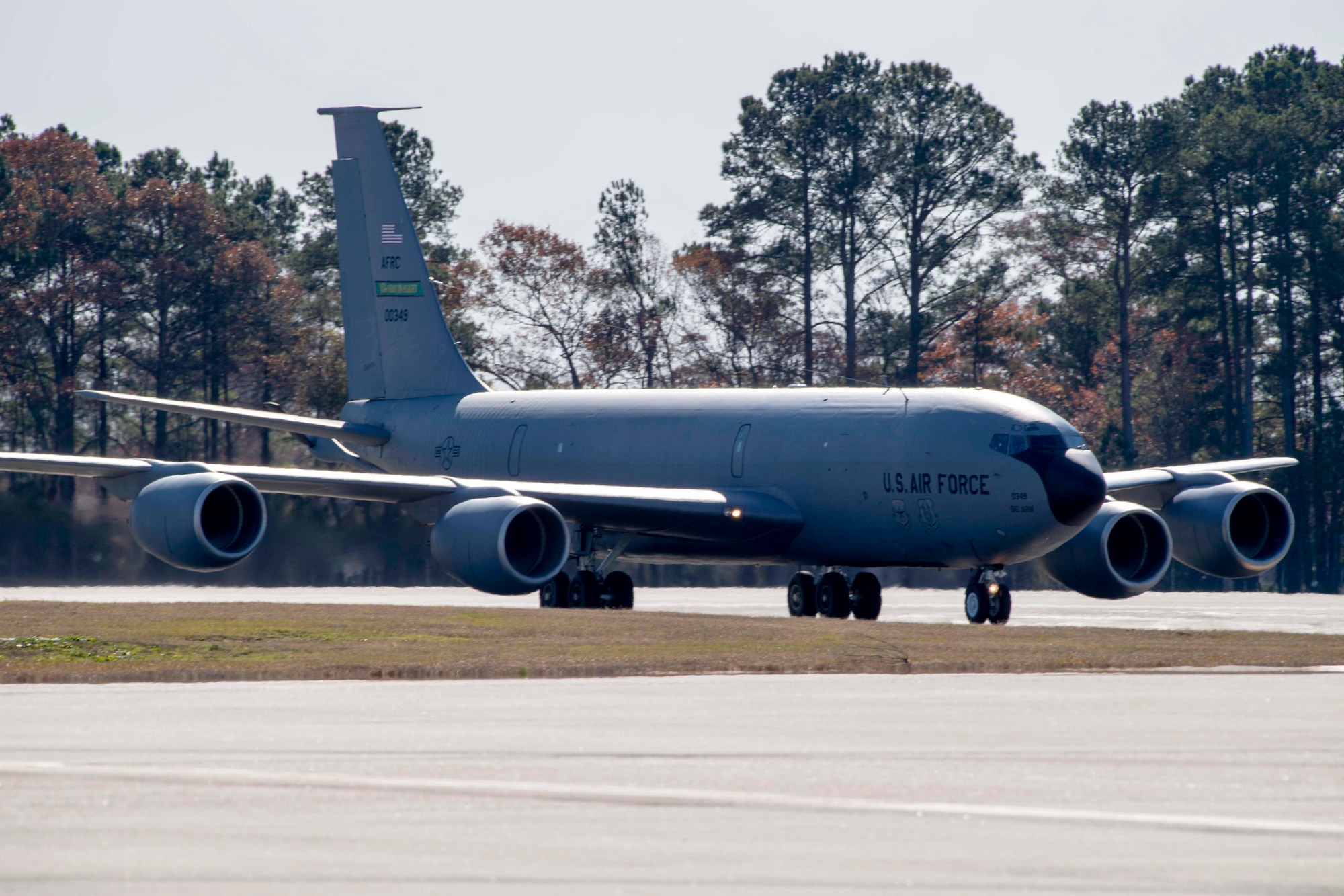 A KC-135 Stratotanker taxis on the flightline on Seymour Johnson Air Force Base, North Carolina, Dec. 5, 2019.