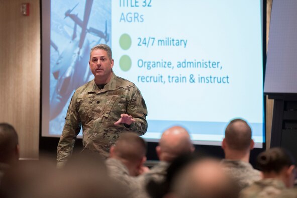 Lt. Col. Bradley Ball, Staff Judge Advocate for the 164th AW and Contemporary Base Issues course director, discusses duty status at the CBI course hosted by the 167th Airlift Wing and held at the Clarion Hotel and Conference Center in Shepherdstown, W.Va., Nov. 15, 2019.