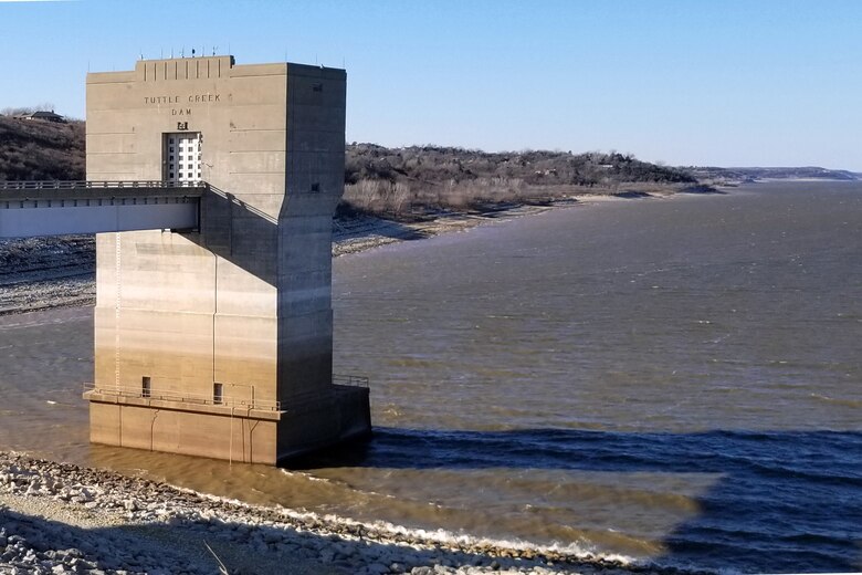 For the first time since February 6, 2019, the water level Tuttle Creek Lake is approaching conservation – or normal – pool. This has been the longest water storage event ever at the lake lasting about 275 days. The lake level is currently at elevation 1075.04 feet above mean sea level, only 0.04 feet from reaching conservation pool, which will occur later today - Tuesday.  This photo shows the water level on December 9, 2019, with almost all of the tower showing.