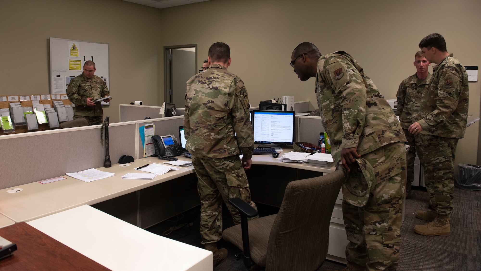 U.S. Air Force Chief Master Sgt. Wendell Snider, 366th Fighter Wing command chief visits Airmen in the Logistics Readiness squadron, November 8, 2019, on Mountain Home Air Force Base, Idaho. Snider visits a different unit every week where he gets to know his Airmen. (U.S. Air Force photo by Airman Natalie Rubenak)