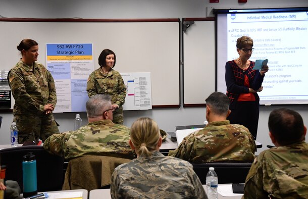 At right, Stephanie Boehning, 932nd Airlift Wing process improvement manager, speaks to commanders as they learn more about IMR (Individual Medical Readiness).  932nd Airlift Wing commanders received additional briefings and training to help increase their management skills on November 14, 2019, at Scott Air Force Base, Ill.  The 932nd AW is an Air Force Reserve unit flying the C-40C aircraft and is known among reserve units as the "Gateway Wing" due to its close proximity to St. Louis and the arch.
(U.S. Air Force photo by Lt. Col. Stan Paregien)