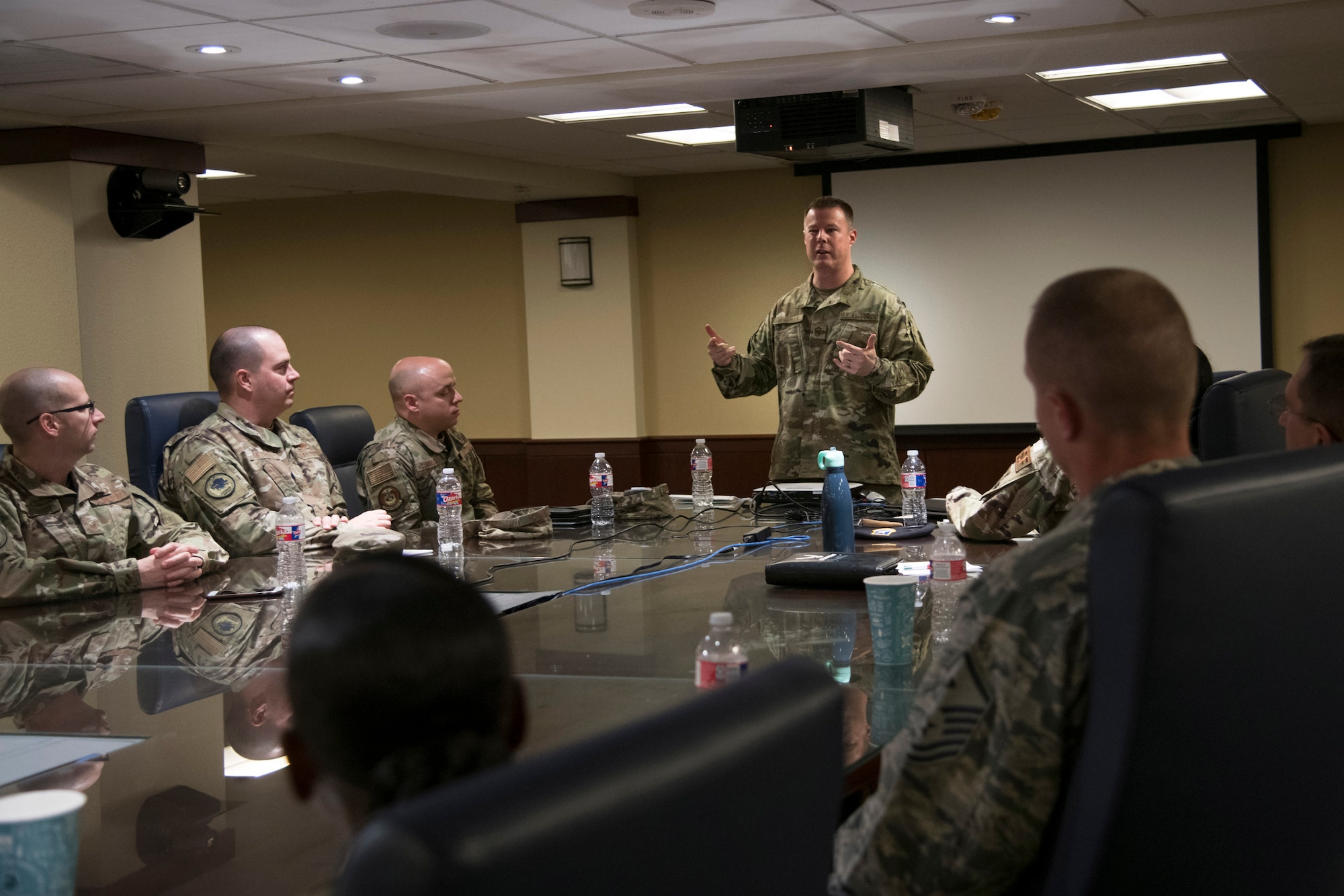 Chief Master Sgt. Charles Hoffman, command chief, Air Force Global Strike Command speaks to first sergeants during the command’s 2nd Annual AFGSC First Sergeant Conference at Joint Base San Antonio, Texas.