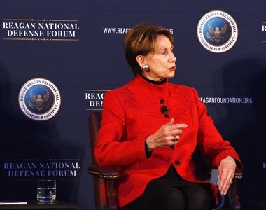 Air Force Secretary Barbara Barrett discusses establishment of a Space Force at the Ronald Reagan National Defense Forum, in Simi Valley, Calif., Dec. 7, 2019.
