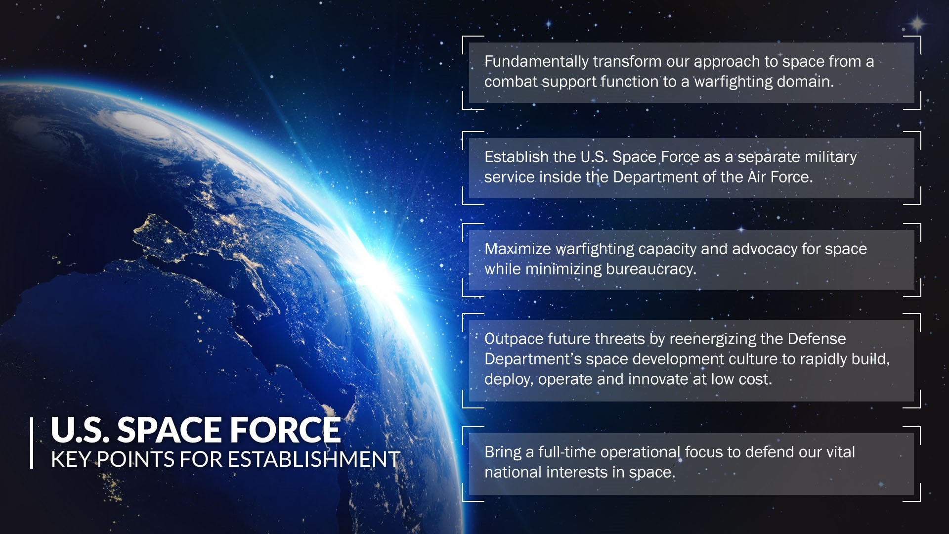 Five key points for establishment of the Space Force.