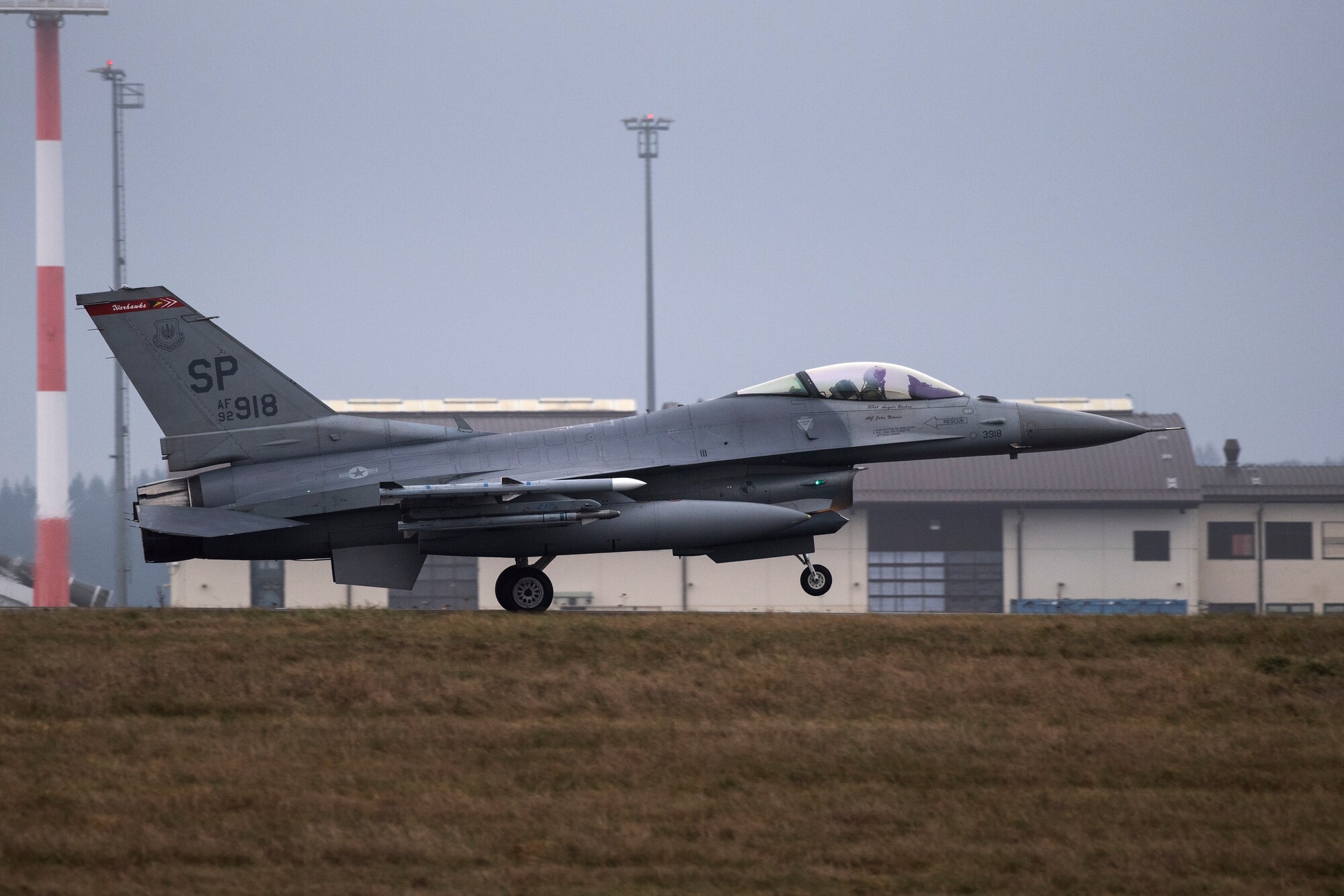 A U.S. Air Force F-16 Fighting Falcon, assigned to the 480th Fighter Squadron, lands at Spangdahlem Air Base, Germany, Dec. 10, 2019. Spangdahlem F-16s participated in an Allied Combat Lethality Exercise with the Polish air force to improve readiness and coordination with NATO partners in preparation for potential times of crisis. (U.S. Air Force photo by Airman 1st Class Valerie Seelye)