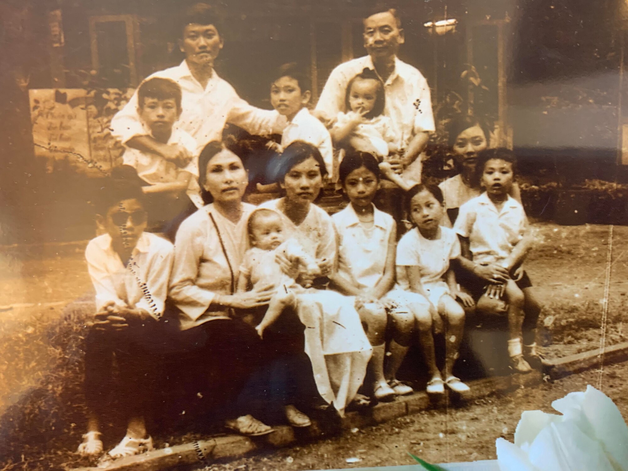 A family sits.