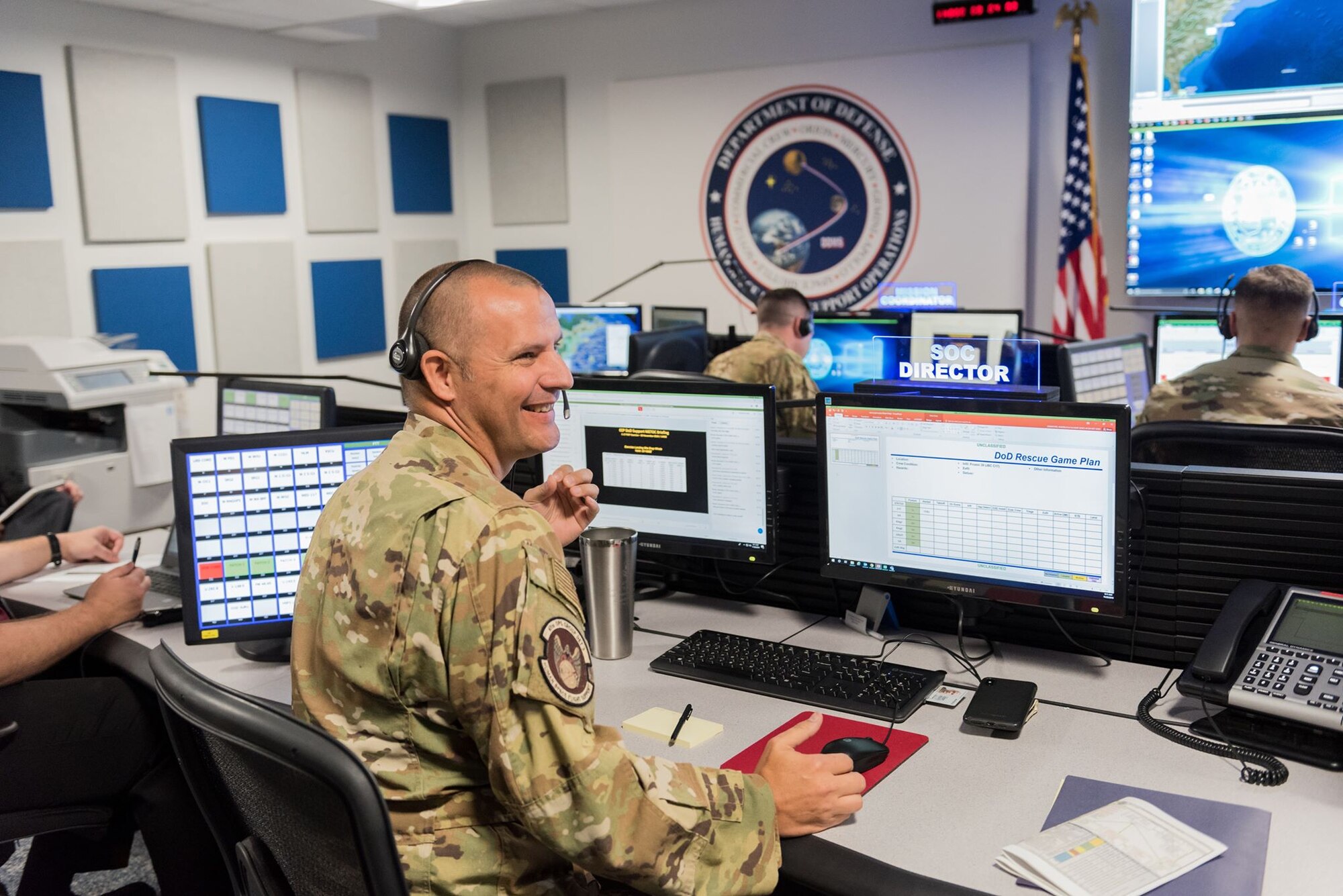 Lt. Col. Martin Crawford, 45th Operations Group Detachment 3 operation officer, directs the Det 3 team during an exercise on Nov. 20, 2019, in the Support Operations Center at Patrick Air Force Base, Fla. Det 3 is the only unit within the Department of Defense tasked to support contingency operations during Commercial Crew Program rocket launches, and is preparing for the planned return of human spaceflight within the next few months. (U.S. Air Force photo by Joshua Conti)