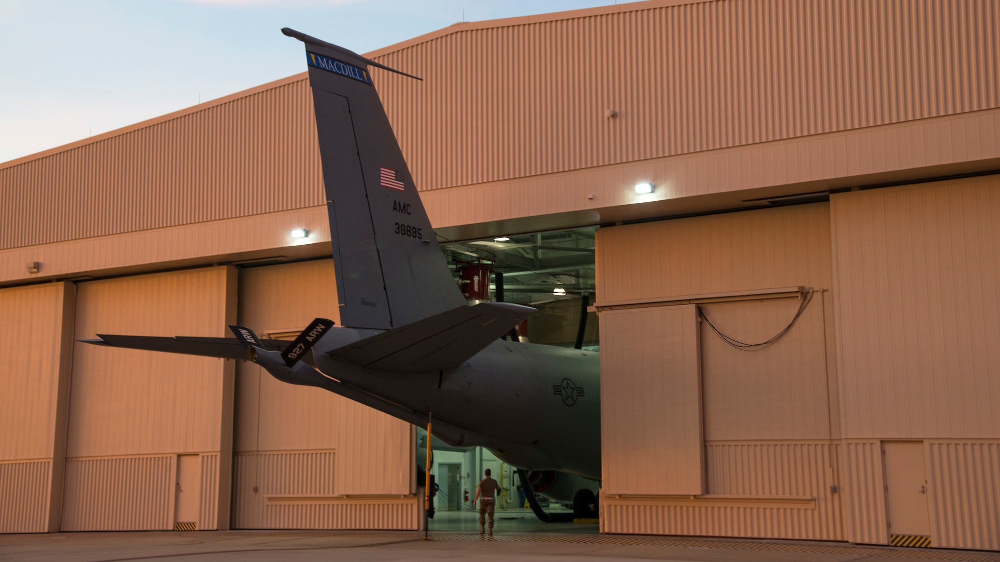 A KC-135 Stratotanker sits in the 6th Maintenance Squadron (MXS) hangar at MacDill Air Force Base, Fla., Nov. 25, 2019.