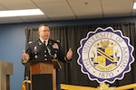 Col. Daniel Shank, Ohio assistant adjutant general for Army, speaks at a ribbon-cutting ceremony to open an Ohio Cyber Range Dec. 9, 2019, at the University of Akron in Akron, Ohio. In January, the adjutant general’s department, UA and the Ohio Department of Higher Education announced a $1.18 million agreement to double the capacity of the Ohio Cyber Range by adding servers, storage and programing at the Akron site.