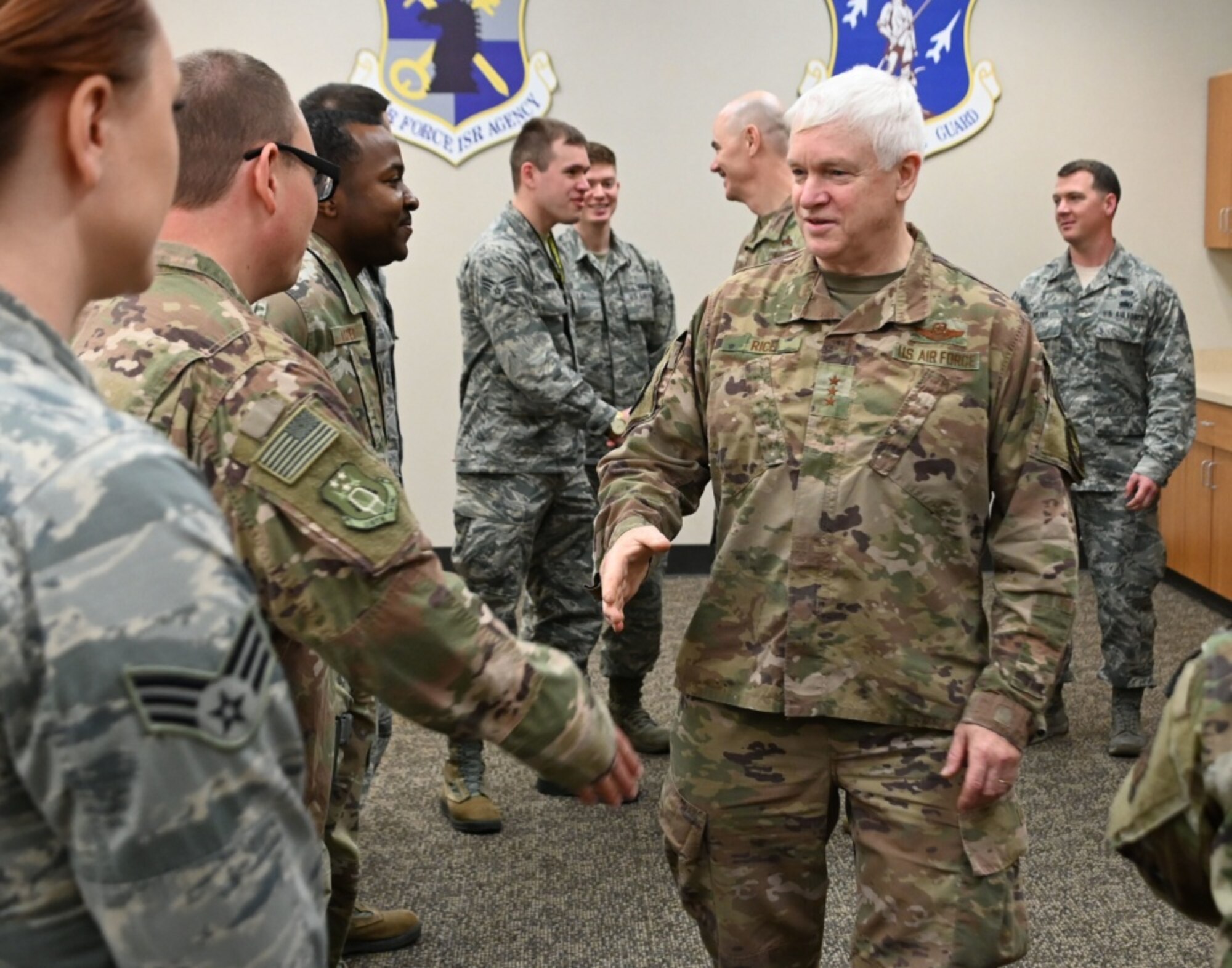 U.S. Air Force Lt. Gen. L. Scott Rice, director of the Air National Guard, greets a group to Airmen at the 118th Wing, Tennessee ANG, Dec. 6, 2019 at Berry Field Air National Guard Base, Nashville, Tenn.. Rice’s trip to the 118th WG was his final stop in his visit to all 90 wings in the ANG during his tenure as director. (U.S. Air National Guard photo by Staff Sgt. Anthony Agosti)