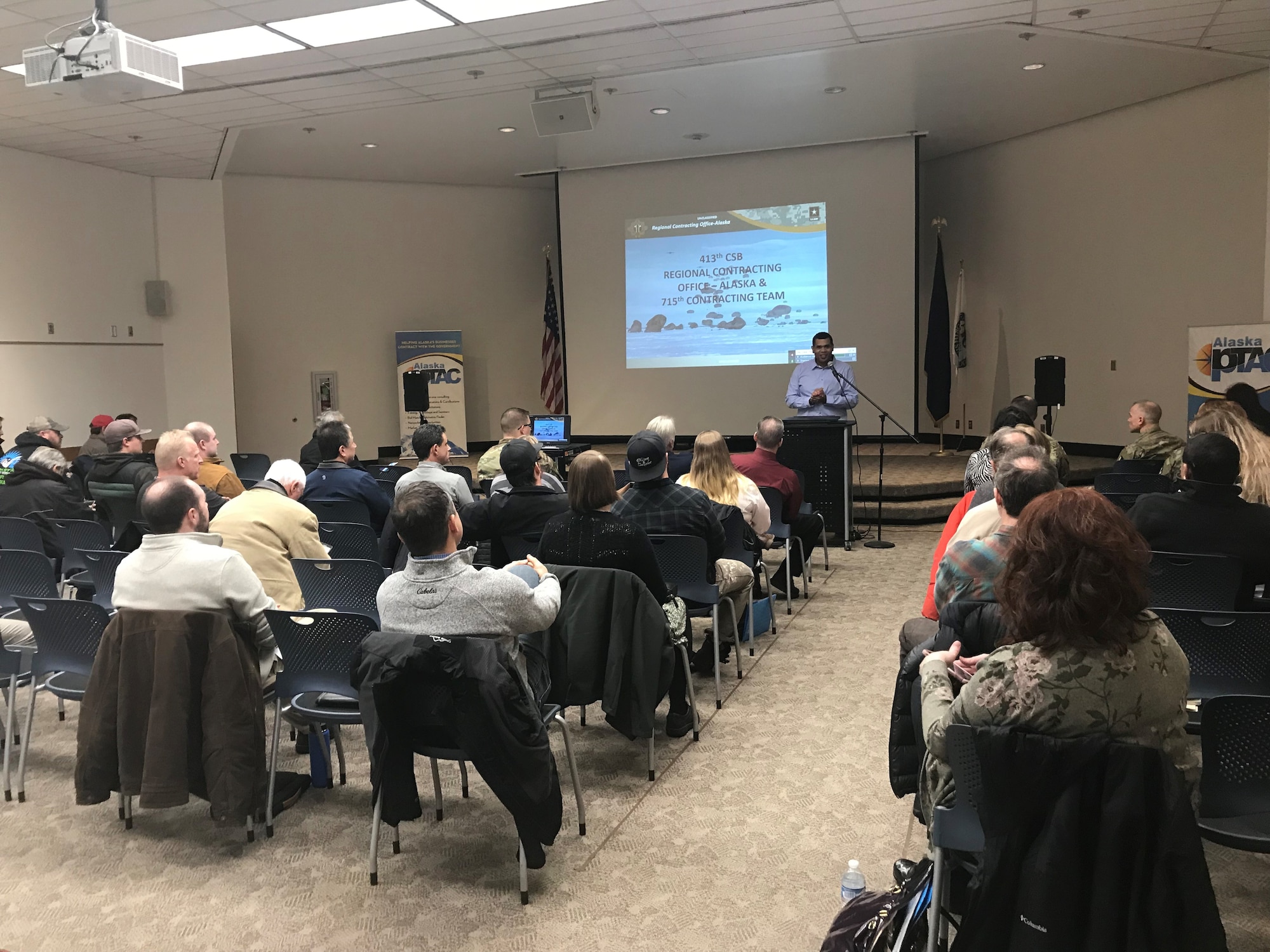 Local business owners attend the 2019 Interior Alaska Industry Day in Fairbanks, Alaska, Dec. 3, 2019. Representatives from the 354th Contracting Squadron, 715th Contracting Team at Fort Wainwright, the Alaska Procurement Technical Assistance Center and the U.S. Small Business Administration informed attendees on the government contracting process and qualifying factors. (Courtesy Photo)