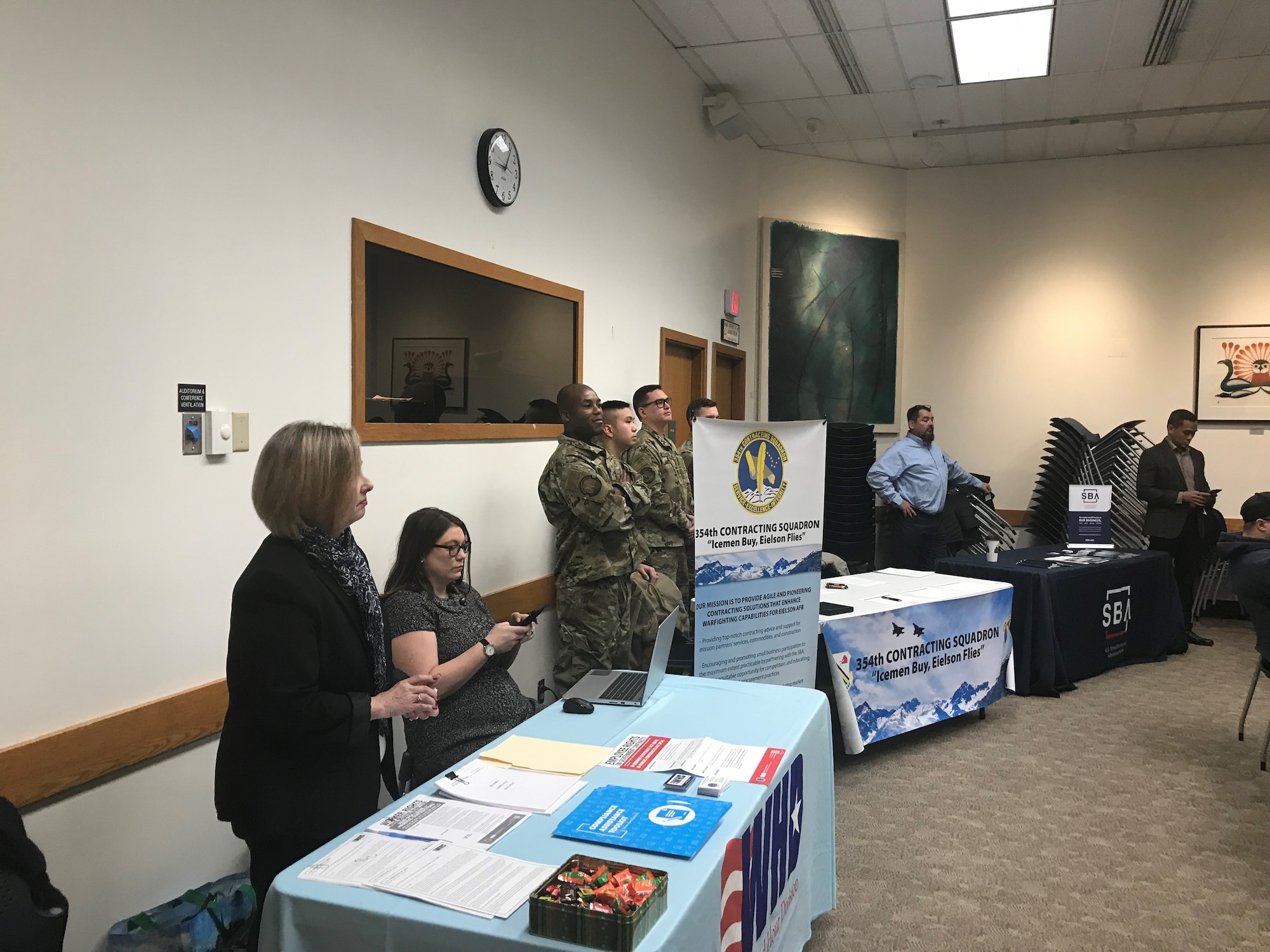 Airmen assigned to 354th Contracting Squadron attend the 2019 Interior Alaska Industry Day in Fairbanks, Alaska, Dec. 3, 2019. At the event information about upcoming Fiscal Year 2020 projects, to include the projects associated with the arrival of the F-35A Lightning II here, beginning in April of 2020, were presented to local businesses. (Courtesy Photo)