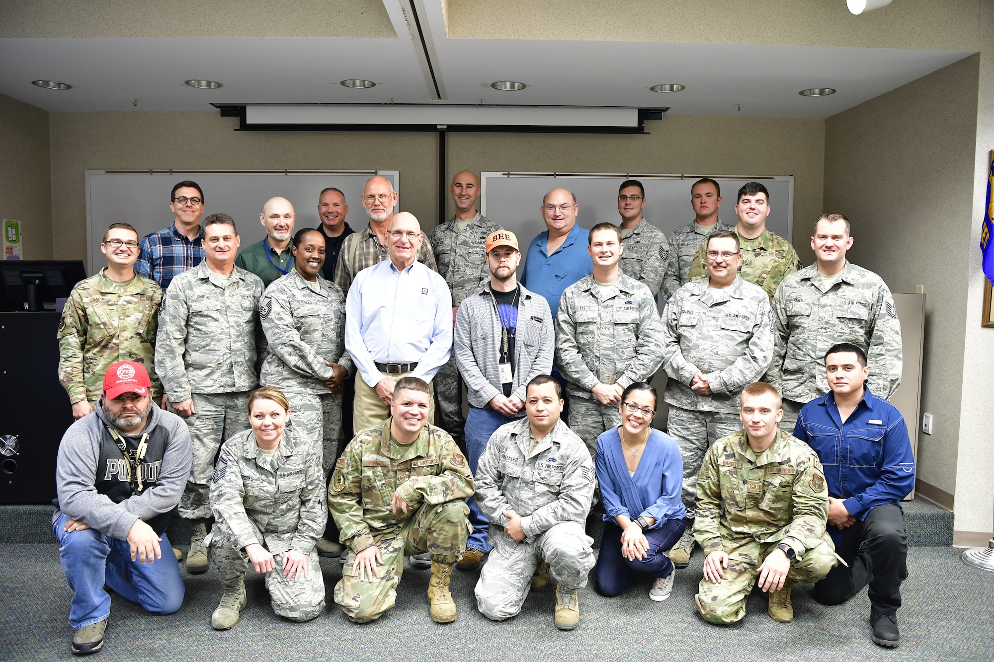 Personnel from the 434th Air Refueling Wing pose for a photo during a life safety code essential course at Grissom Air Reserve Base, Indiana, Nov. 7, 2019. The course, developed and taught by the National Fire Protection Association was designed to teach life safety code strategies. (U.S. Air Force photo/Master Sgt. Ben Mota)