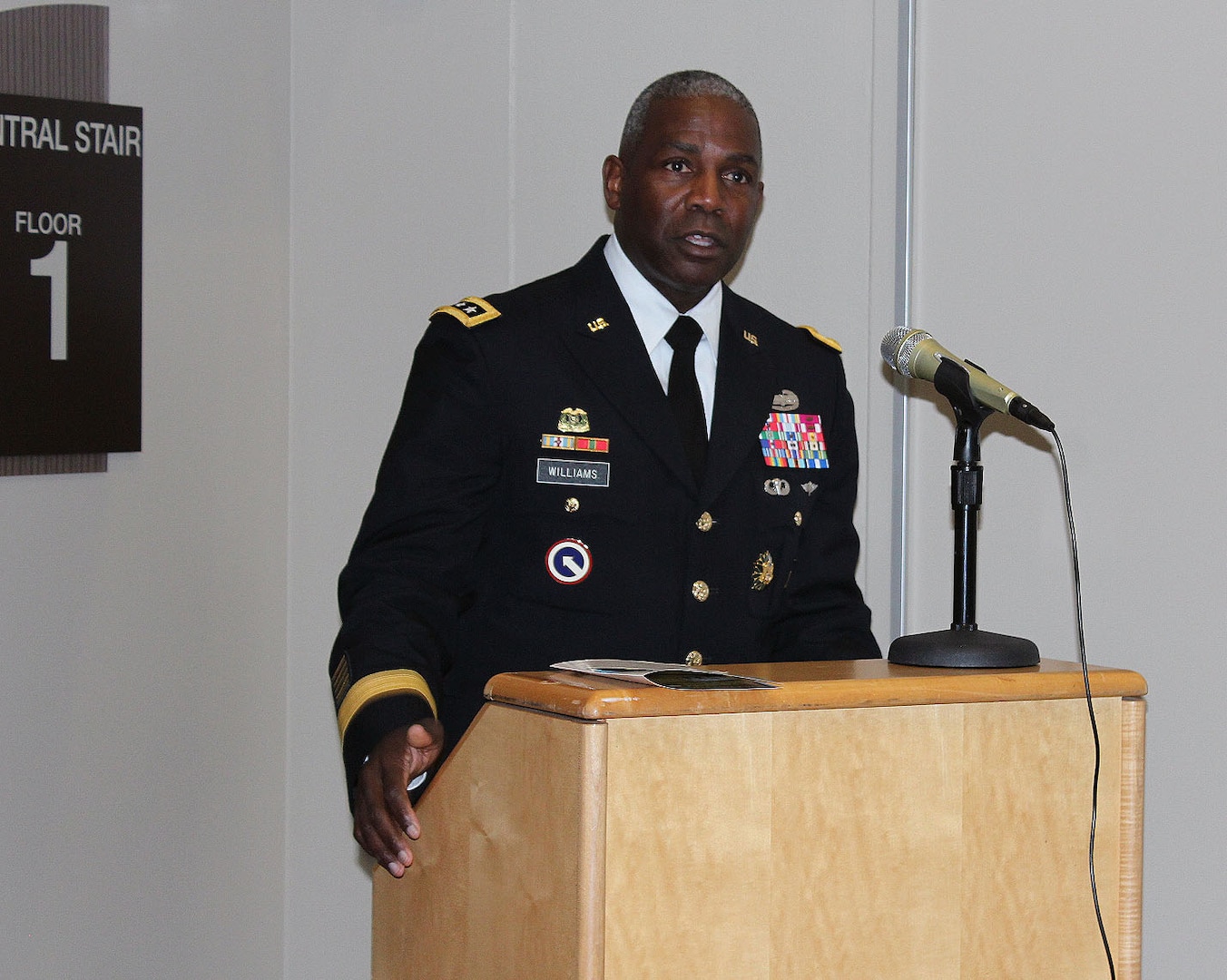 Army Lt. Gen. Darrell Williams, director of the Defense Logistics Agency, speaks during the ribbon cutting ceremony for the new Defense Logistics Agency Troop Support headquarters building on Dec. 10, 2019. The new, four-story building includes amenities for 400 members of the Troop Support workforce. (Photo by Nancy Benecki)