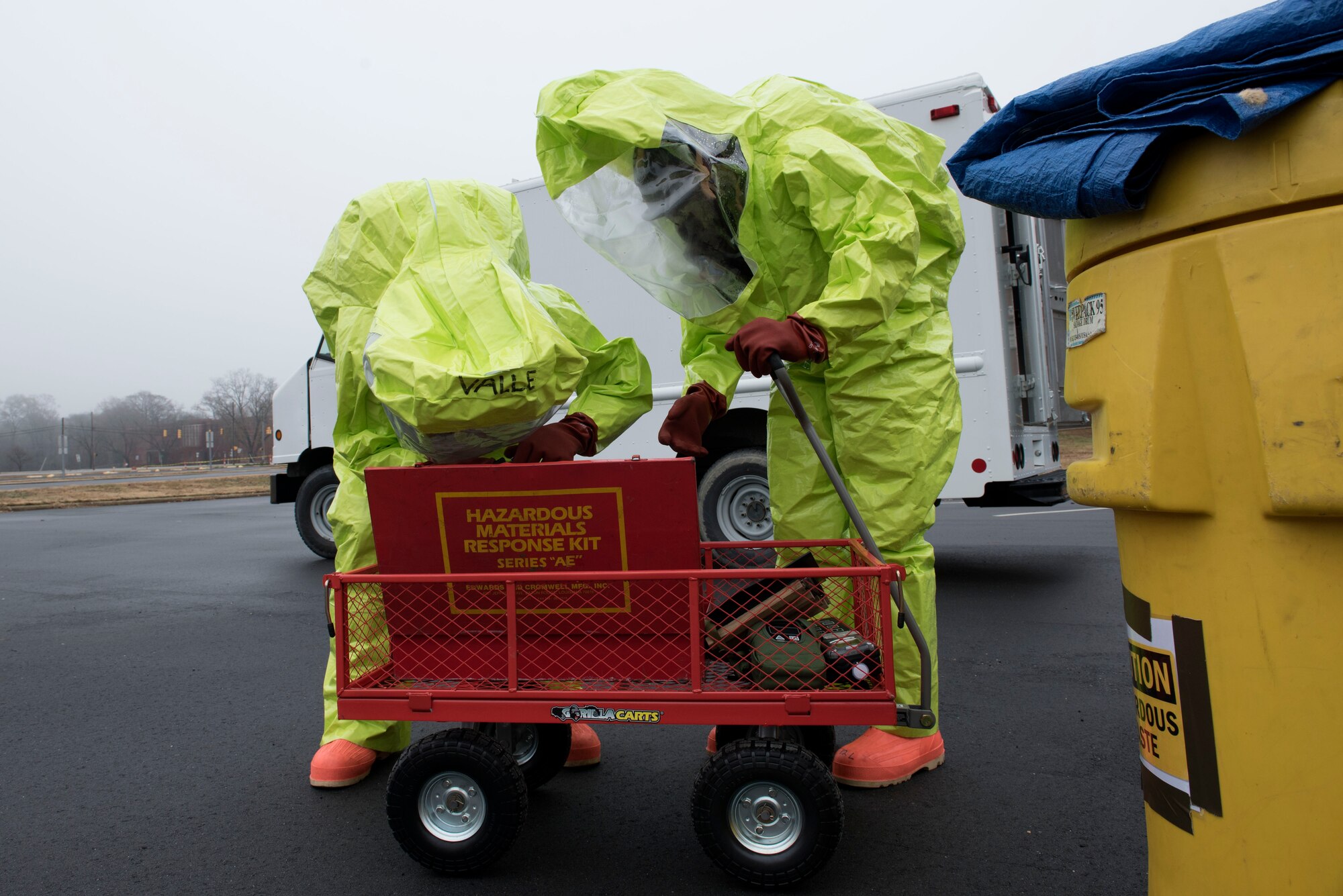 Members of the 4th Civil Engineer Squadron emergency management team, conduct hazardous material response procedures during a HAZMAT Spill Response exercise, Dec. 9, 2019, in Goldsboro, N.C.