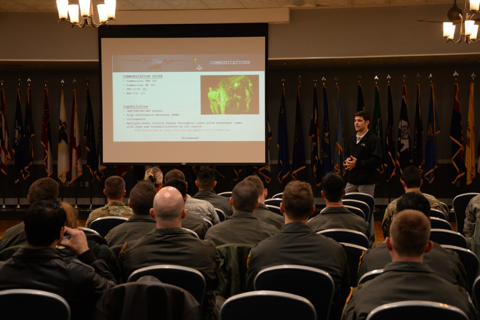 Airmen listen to a capability briefing on the U-28 Dec. 10, 2019, at Columbus Air Force Base, Miss. The U-28 provides manned fixed-wing tactical airborne ISR support to humanitarian operations, search and rescue and conventional and special operation missions. (U.S. Air Force photo by Airman Davis Donaldson)
