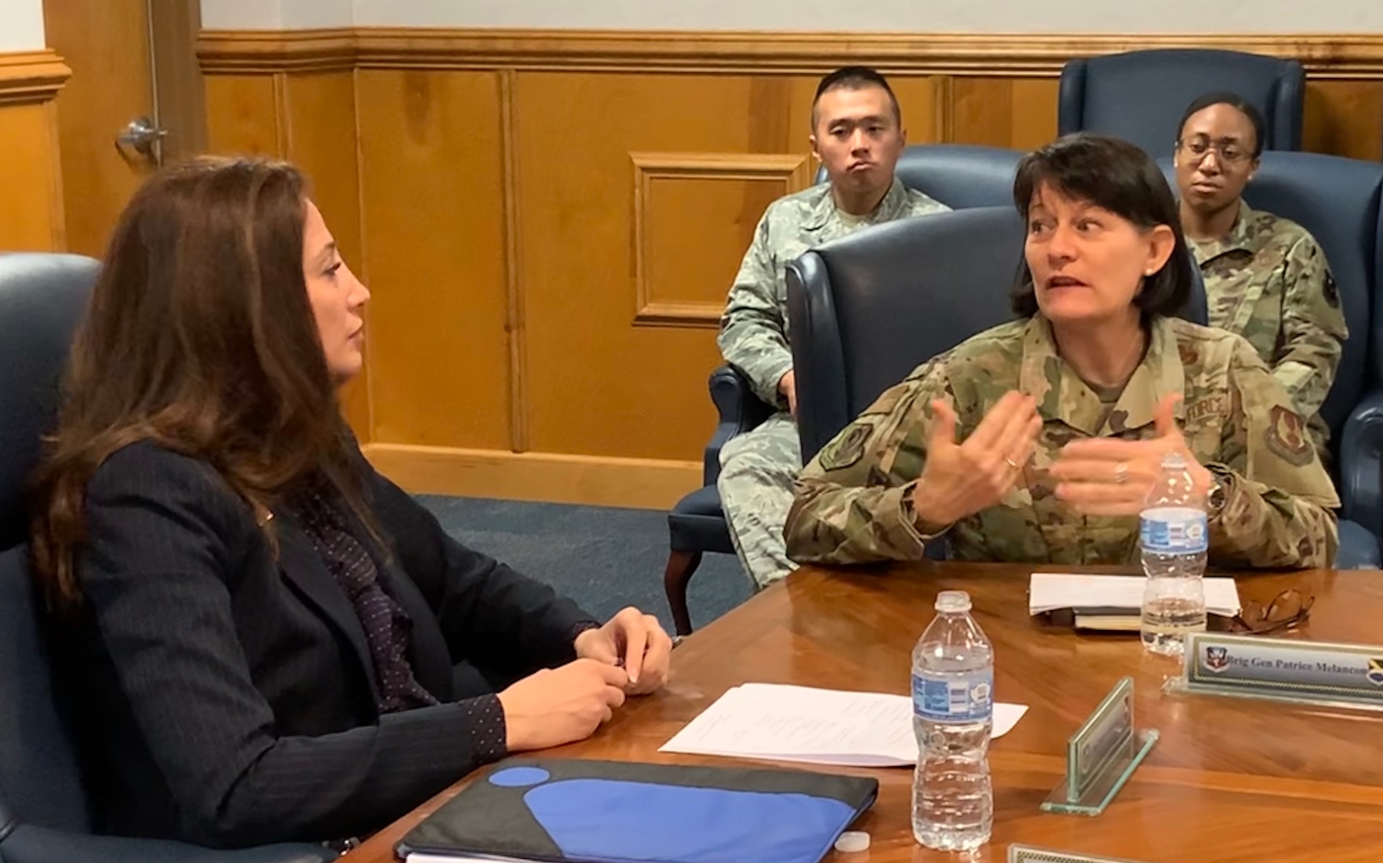 (Right) Brigadier Gen. Patrice Melancon, Tyndall Program Management Office executive director, (Left) Dr. Julia Nesheiwat, Florida Chief Resilience Officer, discuss plans for the rebuild during a visit to the base and with the Tyndall PMO staff.