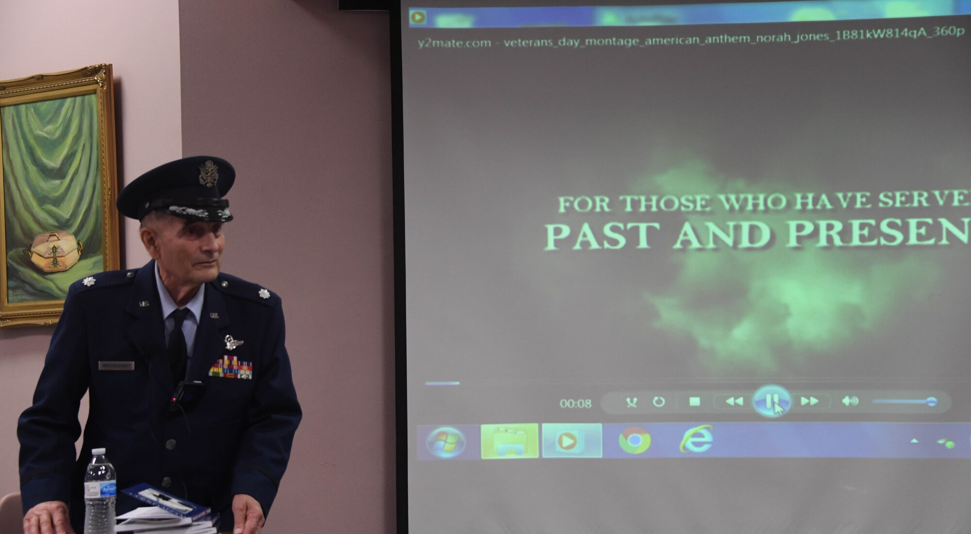 U.S. Air Force Lt. Col. Adolf Wesselhoeft tells what is was like growing up during the World War II and later as a member of 8th Air Force during a presentation at the History Center in Bossier City, La., Dec. 8, 2019. As a child of German immigrants (but born an American citizen), he and his parents were made to live in a U.S. internment camp during WW II until they were forced to return to Germany where they weathered severe bombings in Hamburg. Later on, Wesselhoeft returned to the U.S. and joined the military. He served as a photographer, navigator as well as a B-52 electronic warfare officer. He flew combat missions during the Vietnam War in the same unit (8th Air Force) that he lived through during WW II. Following Wesselhoeft' s address at the center, Lane Callaway, 8th Air Force historian, presented the veteran a letter of appreciation from Maj. Gen. James Dawkins Jr, current 8th Air Force commander, for his dedication and career service. (U.S. Air Force photo by Justin Oakes)