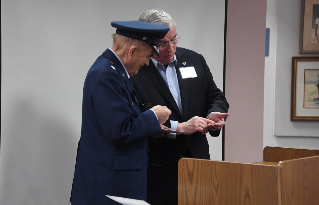 U.S. Air Force Lt. Col. Adolf Wesselhoeft tells what is was like growing up during the World War II and later as a member of 8th Air Force during a presentation at the History Center in Bossier City, La., Dec. 8, 2019. As a child of German immigrants (but born an American citizen), he and his parents were made to live in a U.S. internment camp during WW II until they were forced to return to Germany where they weathered severe bombings in Hamburg. Later on, Wesselhoeft returned to the U.S. and joined the military. He served as a photographer, navigator as well as a B-52 electronic warfare officer. He flew combat missions during the Vietnam War in the same unit (8th Air Force) that he lived through during WW II. Following Wesselhoeft' s address at the center, Lane Callaway, 8th Air Force historian, presented the veteran a letter of appreciation from Maj. Gen. James Dawkins Jr, current 8th Air Force commander, for his dedication and career service. (U.S. Air Force photo by Justin Oakes)