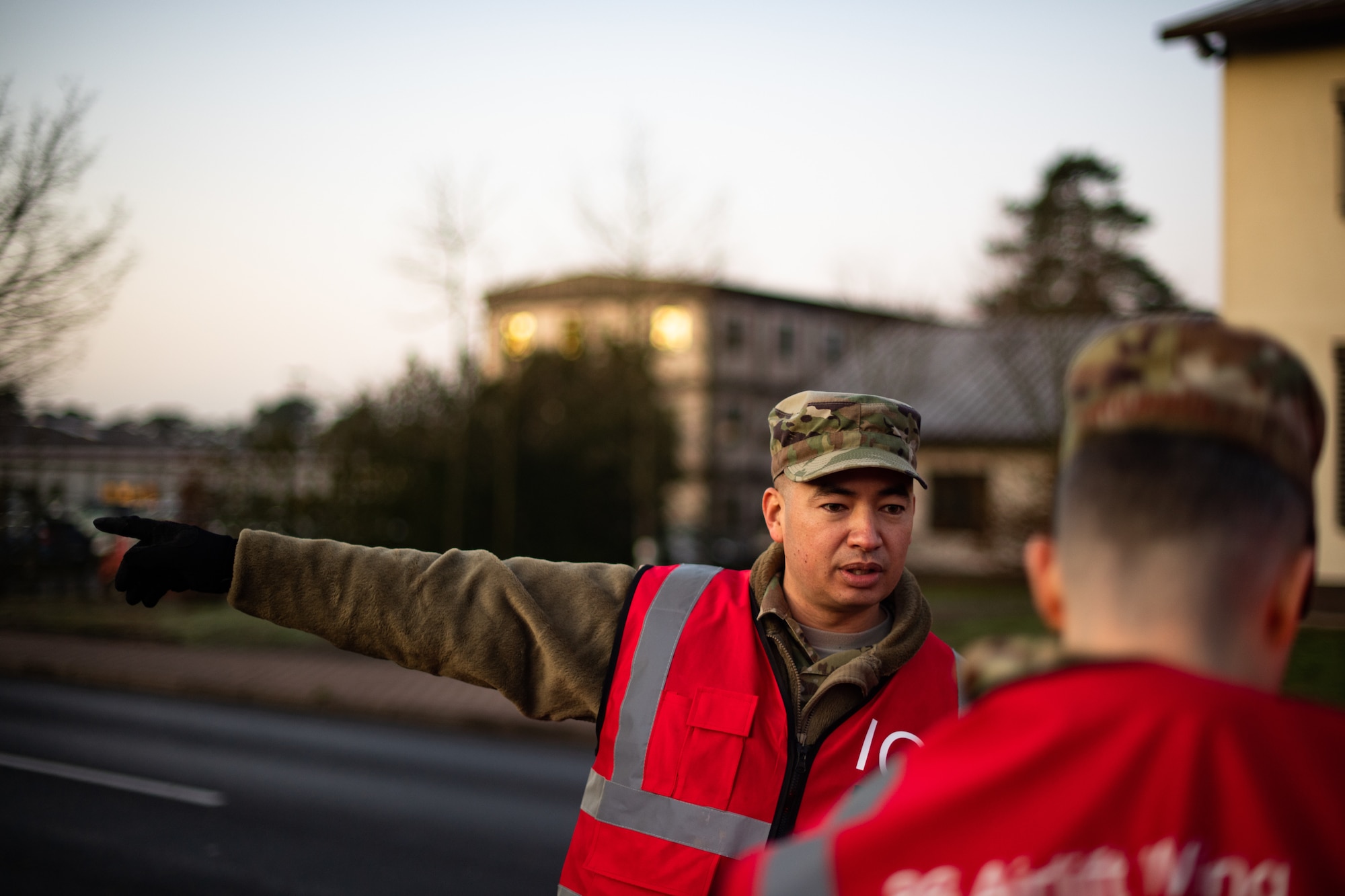 U.S. Air Force Master Sgt. David Culp, 86th Airlift Wing Inspector General readiness inspection planner discusses plans for exercise Operation Varsity 19-04 at Ramstein Air Base, Germany, Dec. 10, 2019. The exercise simulated an air strike chemical attack requiring Airmen to conduct post-attack reconnaissance sweeps around the contaminated areas. (U.S. Air Force photo by Staff Sgt. Devin Boyer)