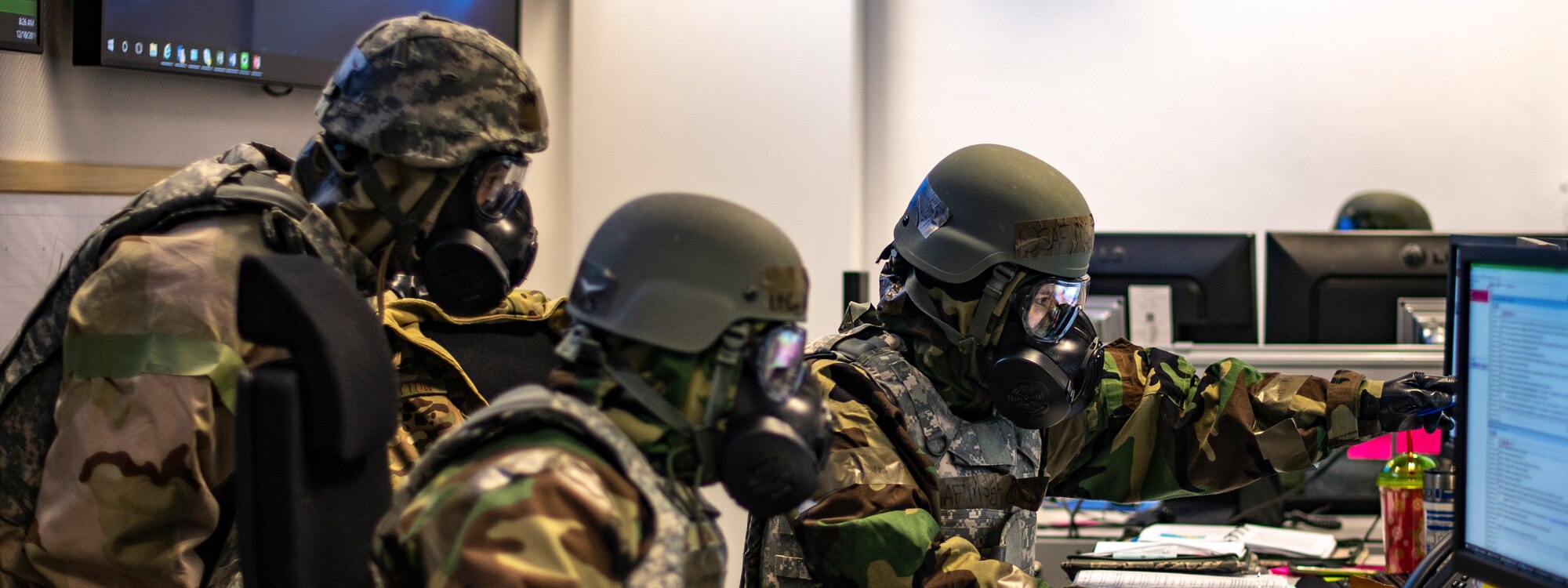 U.S. Air Force Airmen operate the Emergency Operation Center during exercise Operation Varsity 19-04 at Ramstein Air Base, Germany, Dec. 10, 2019. The EOC serves as a central command and control facility during disasters and enemy attacks. (U.S. Air Force photo by Staff Sgt. Devin Boyer)