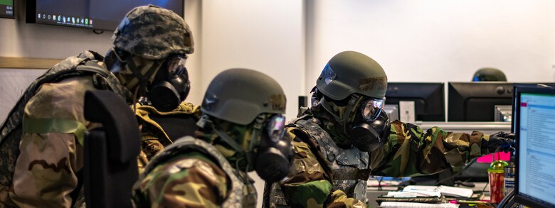 U.S. Air Force Airmen operate the Emergency Operation Center during exercise Operation Varsity 19-04 at Ramstein Air Base, Germany, Dec. 10, 2019. The EOC serves as a central command and control facility during disasters and enemy attacks. (U.S. Air Force photo by Staff Sgt. Devin Boyer)