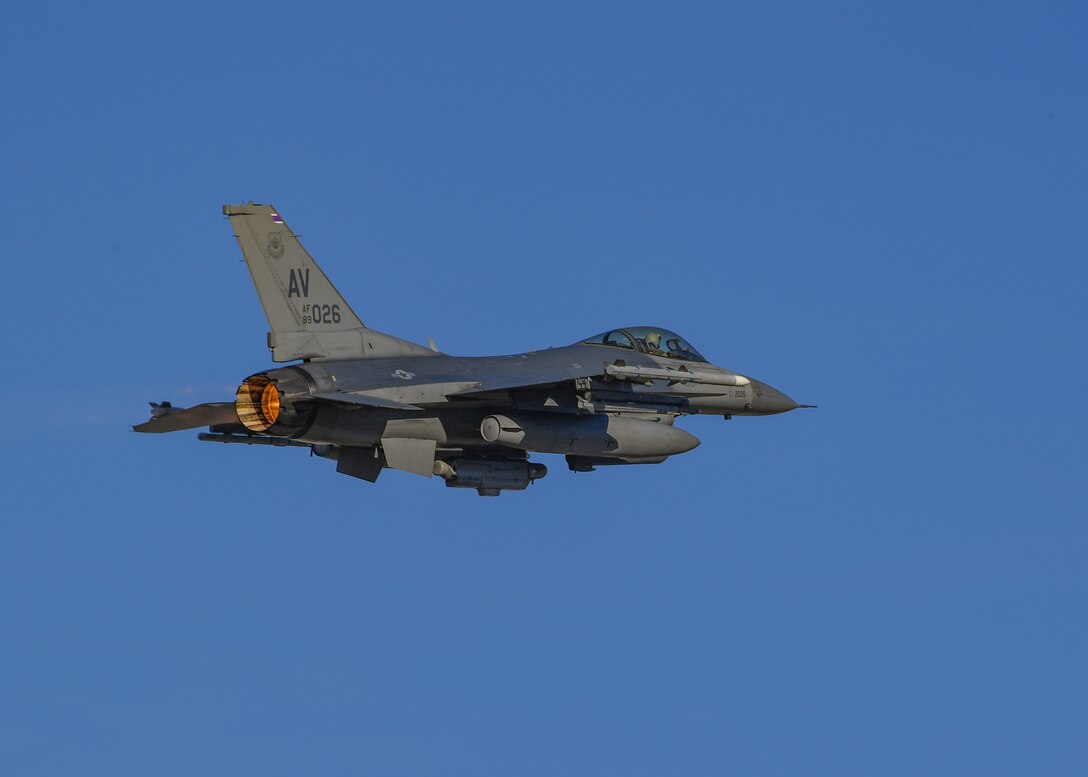 A U.S. Air Force F-16 Fighting Falcon from the 510th Fighter Squadron flies at Aviano Air Base, Italy, Dec. 11, 2019. The F-16 Fighting Falcon is a compact, multi-role fighter aircraft that is highly maneuverable and has proven itself in air-to-air combat and air-to-surface attack. (U.S. Air Force photo by Airman Thomas S. Keisler IV)